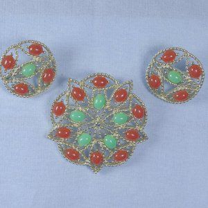 Vintage Sarah Coventry Acapulco Jade & Coral Colored Brooch & Earrings Set, Mint